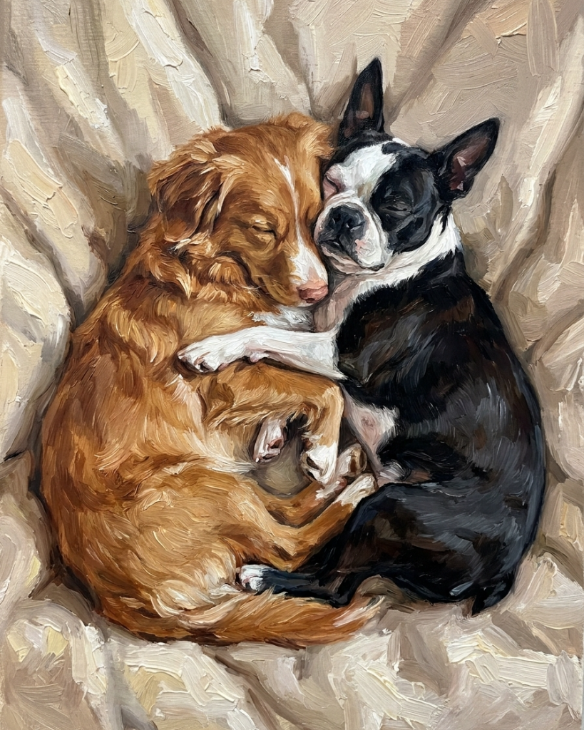 Portrait d'animal personnalisé Complices câlins imprimé sur toile encadrée
