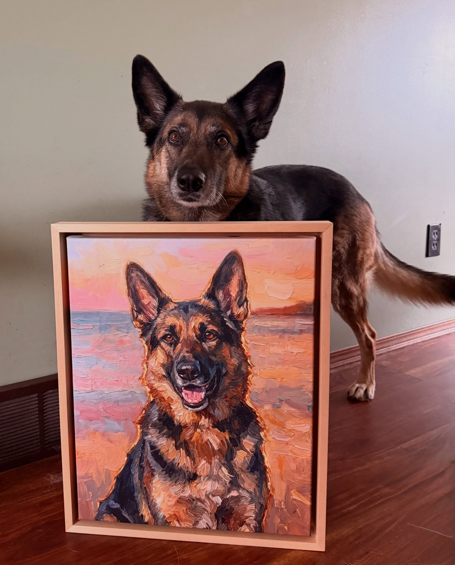 Portrait personnalisé d'un berger australien sur toile encadrée accroché à la maison