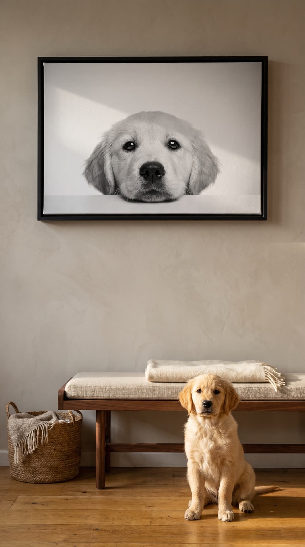 Portrait personnalisé d'animal sur toile encadrée, présenté au bord d'une piscine à côté d'un bouledogue français