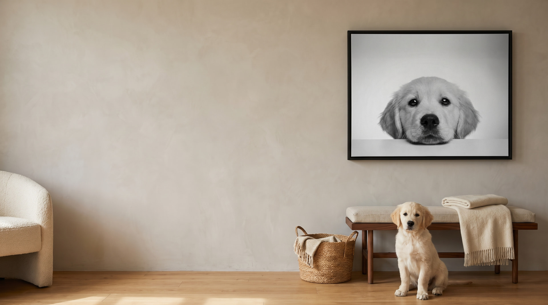 Portrait personnalisé d'animal sur toile encadrée, présenté au bord d'une piscine à côté d'un bouledogue français