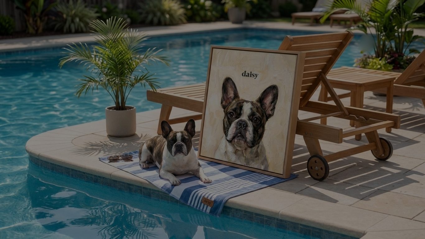 Portrait personnalisé d'animal sur toile encadrée, présenté au bord d'une piscine à côté d'un bouledogue français